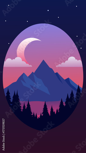 Illustration of mountains moon and pine trees at night