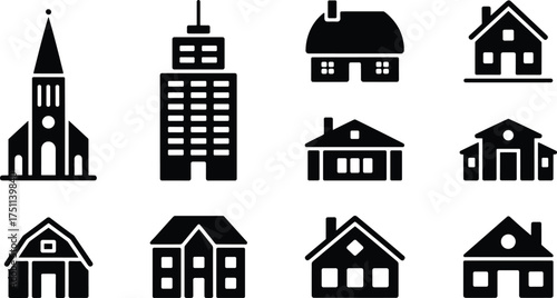 Black and white icons of church, skyscraper, various house types, barn, and residential buildings, simple silhouette style, real estate symbols.