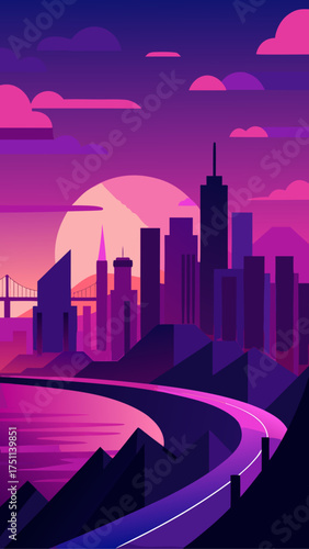 Cityscape at sunset with bridge and winding road