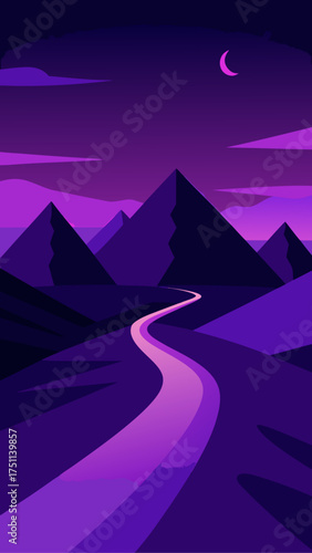 Purple landscape with mountains and winding pathway