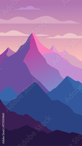 Illustration of mountain range with pink sky tones