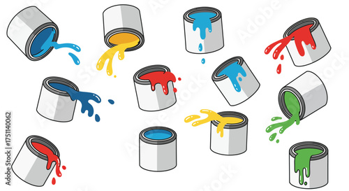 Cartoon Paint Cans with Colorful Splashes Artistic Illustration.