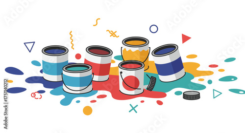 Colorful Paint Cans with Splashes and Geometric Shapes Illustration.