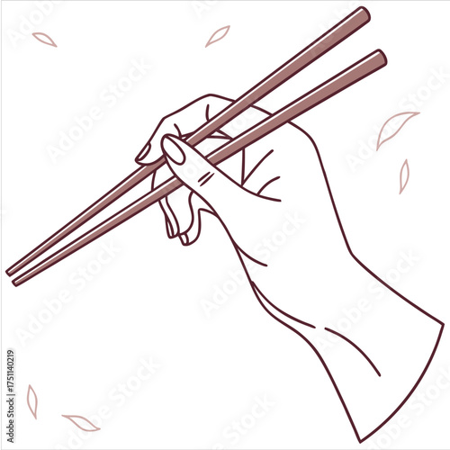 A hand holding chopsticks, demonstrating the proper way to hold the utensils for eating food on a white background