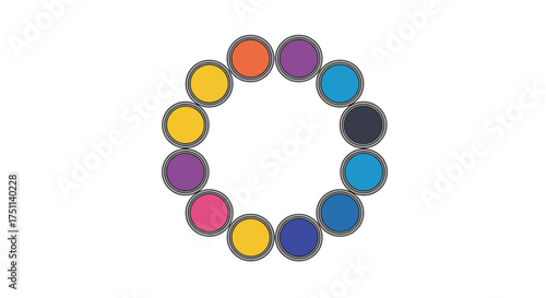 Circular Arrangement of Colorful Paint Cans with Silver Rims.