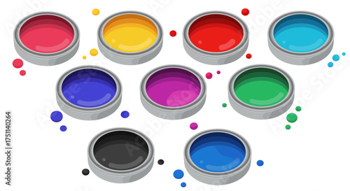 Colorful Paint Cans: Isometric View of Red Yellow Blue and Green Paints.