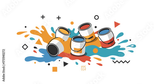 Paint Cans with Splashes and Geometric Shapes Illustration.