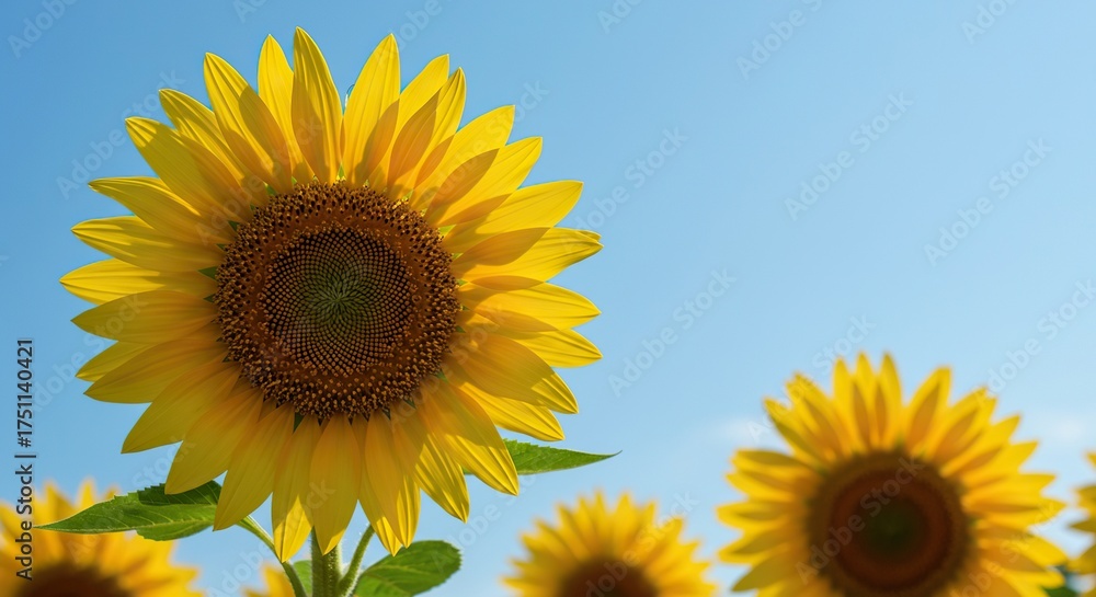 Obraz premium A vibrant, cheerful sunflower stands tall against a clear blue summer sky, bathed in warm golden light, symbolizing natural beauty ,warm ,radiant ,pollen