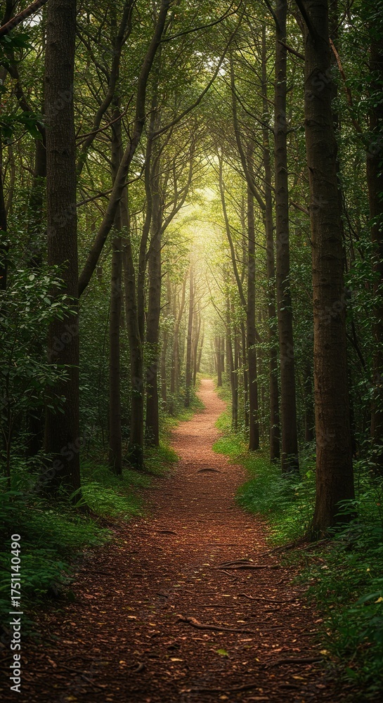 Fototapeta premium A winding path disappears into a dense forest, inviting escape and exploration, symbolizing a journey toward an unknown destination ,outdoors ,away ,horizon