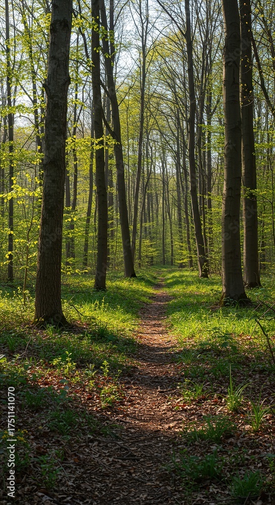Obraz premium Early spring light filters through a quiet forest, illuminating bare trees and awakening undergrowth. A peaceful natural transition scene ,seasonal ,awakening ,serene