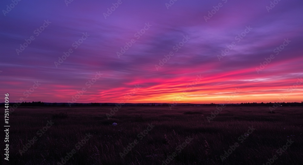 Fototapeta premium Expansive landscape bathed in the ethereal glow of a mesmerizing purple and pink twilight sky, evoking a sense of wonder and tranquility ,ethereal ,atmosphere ,twilight