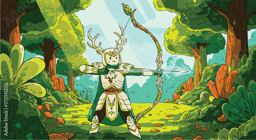 Brave horned archer warrior in a sunlit enchanted forest, a whimsical vector illustration of a fantasy hero
