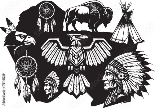 Native american cultural icons dreamcatcher feathers arrow teepee bison vector