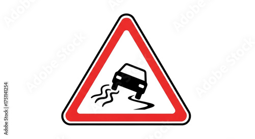A triangular road sign with a car skidding on a wet surface, , warning of slippery conditions ahead
