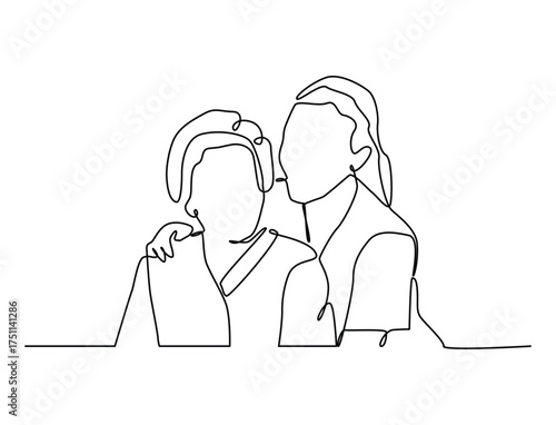 Continuous one line art of young nurse comforting elderly woman, elderly health care concept.