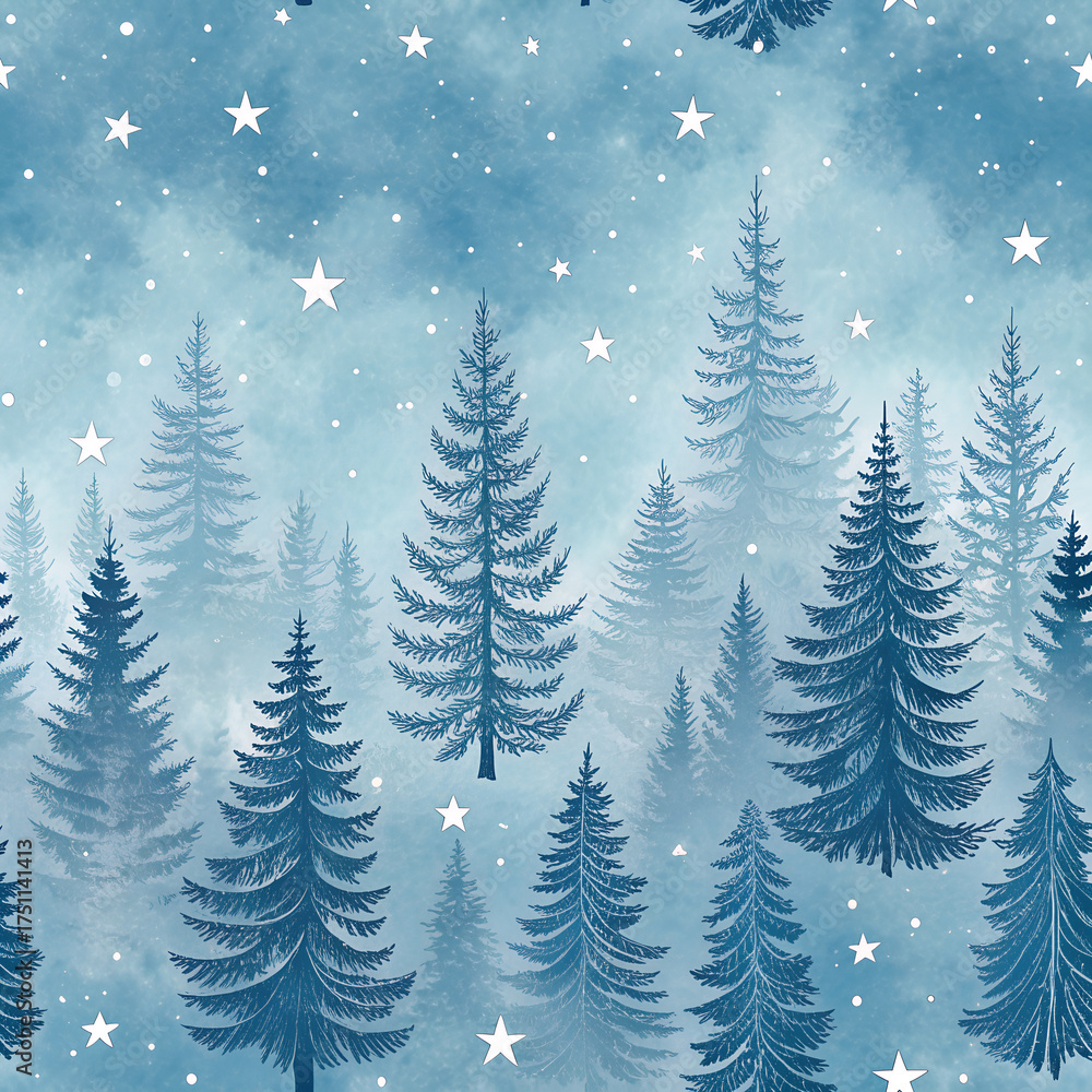Obraz premium Seamless pattern of snowy fir silhouettes and tiny silver stars on icy blue gradient, frosty holiday packaging tile, high-res PNG, no text