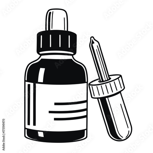 Black and White Illustration of Dropper Bottle and Pipette liquid serum
