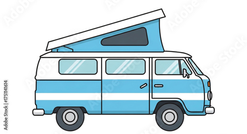 A charming blue and white campervan with a popup roof, perfect for summer adventures and road trips