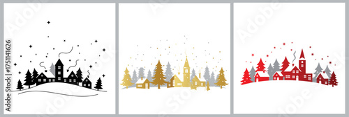 Christmas Village Silhouette Set in Black, Gold, and Red Vector Illustration