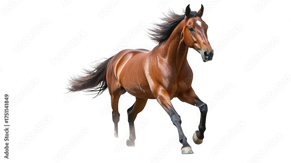 Obraz premium A chestnut horse with a white star galloping with its mane and tail flowing freely on transparent background