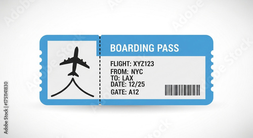 Illustration of a blue boarding pass with an airplane and flight information perfect for travel and vacation themes