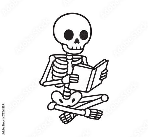 Cartoon Skeleton Reading a Book Study, Knowledge, and Learning Concept