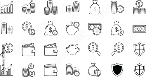  Vector art of collection of finance and money icons, including charts, coins, bags, piggy banks, wallets, and shields