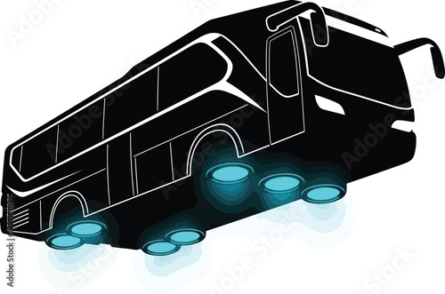 Futuristic flying bus with glowing wheels isolated on white background, a concept of future transportation