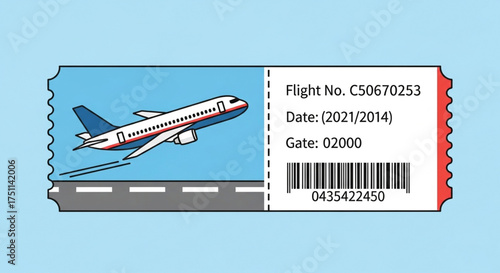 Illustration of a vintage airline ticket with an airplane taking off perfect for travel and vacation themes