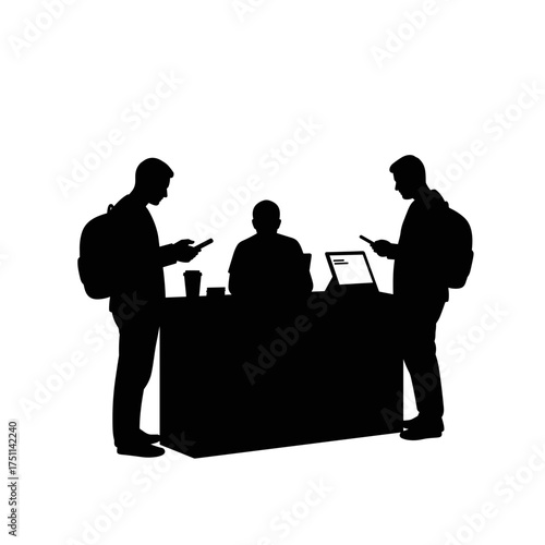 Three men standing at a table looking at their smartphones during tech expo