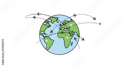 Global air travel routes worldwide aviation network, international flights, and tourism concept vector illustration