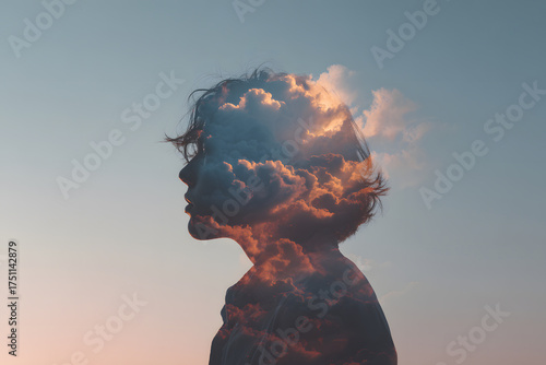 A person stands with a silhouette against colorful clouds during sunset, creating a dreamlike atmosphere