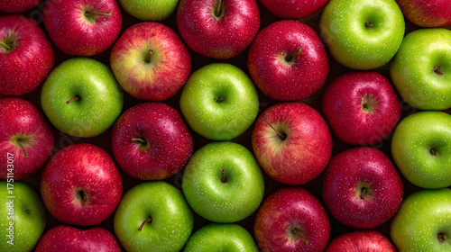 A vibrant assortment of red and green apples fills a display, showcasing their freshness and variety in a market