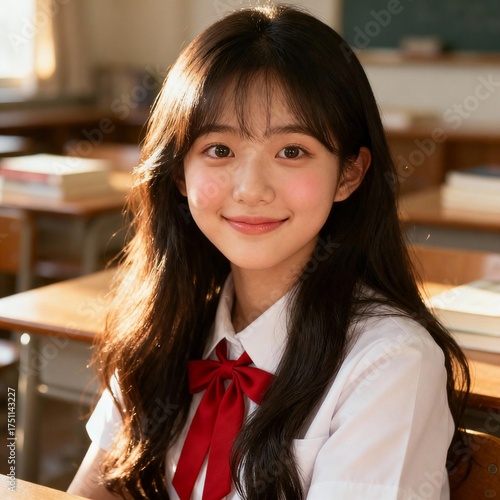 portrait of a Korean long-haired innocent female student, natural look, soft lighting, realistic style