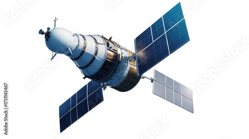 A detailed view of a satellite with solar panels  in outer space exploration on transparent background