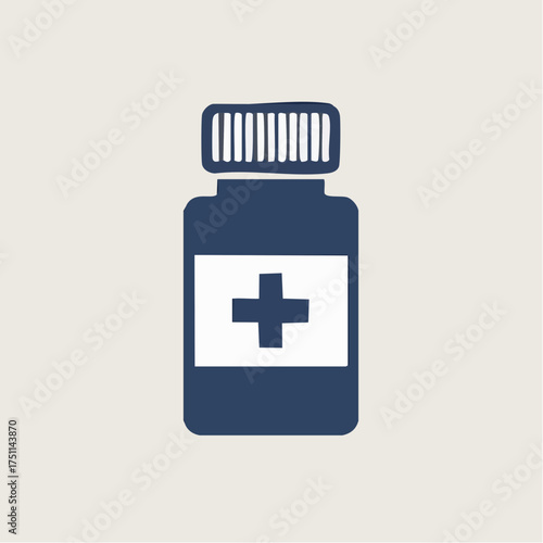 Illustration of a Dark Blue Prescription Bottle with a White Cross Emblem on a Cream Background