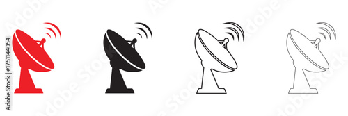 Satellite Dish Antenna vector Icon, radar signal transmitter receiver symbol vector, silhouette and line art