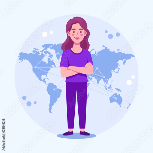 Illustration of Confident Woman in Front of World Map
