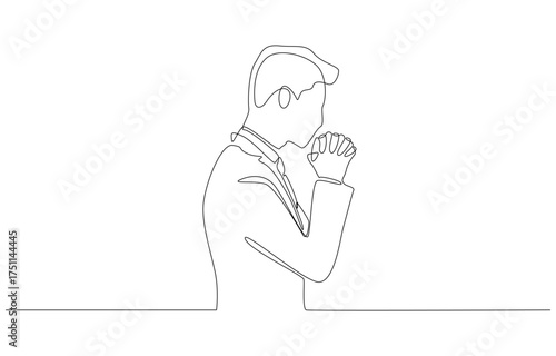 Continuous one line drawing of businessman with hands clasped together in deep thought, symbolizing faith, hope, reflection, and inner strength, single line art
