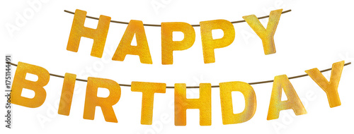 Shiny golden Happy Birthday banner isolated on transparent background
