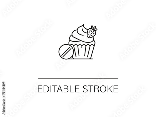 Unique cupcake icon with strawberry and pill for a healthy dessert concept in a minimal style, editable stroke line art design.
