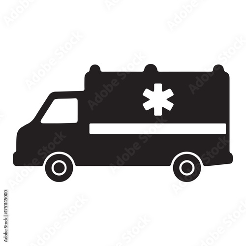 Black and white ambulance vector illustration for emergency medical services with star of life symbol providing urgent healthcare assistance on scene graphic design icon