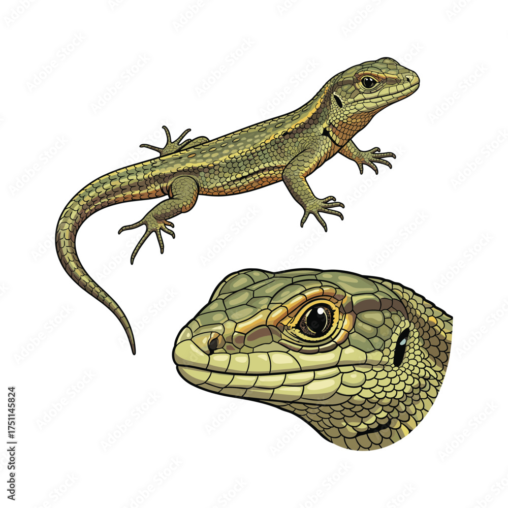 Naklejka premium Lizard Fullbody and Close-Up Illustration for Nature and Branding