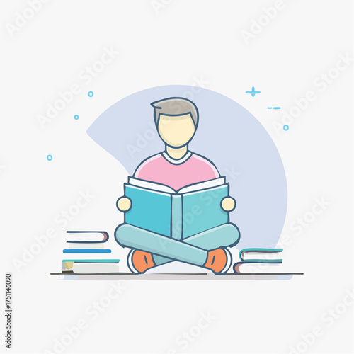 Illustration of a Person Engrossed in Reading, Surrounded by Books, in a Minimalist Design