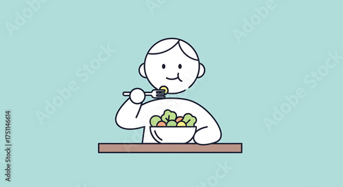 Happy Person Eating Healthy Fresh Salad Illustration