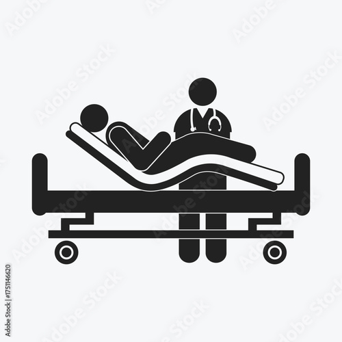 Isolated silhouette stick figure illustration of a doctor treating a patient who is being treated on a hospital bed. For education, advertising and pamphlets themed on health and hospital care icons.