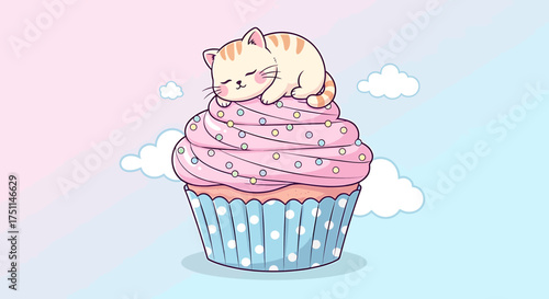 Cute Kawaii Cat Sleeping Peacefully on a Sweet Cupcake