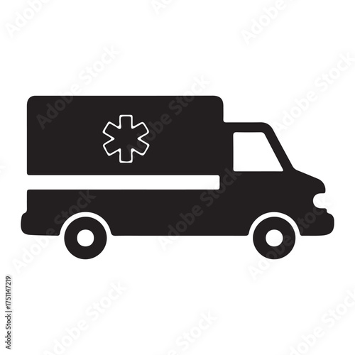 Black Silhouette of Emergency Ambulance Vehicle Icon Illustration for Healthcare and Medical Services and Transportation in Urgent Situations