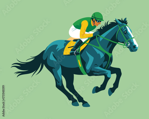 Rider in colorful racing gear controls fast horse on race track, illustrating thrilling moment of high-speed professional equestrian competition