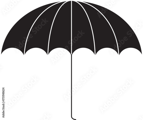 Outline drawing of an umbrella with a curved canopy and a straight handle on a white background image